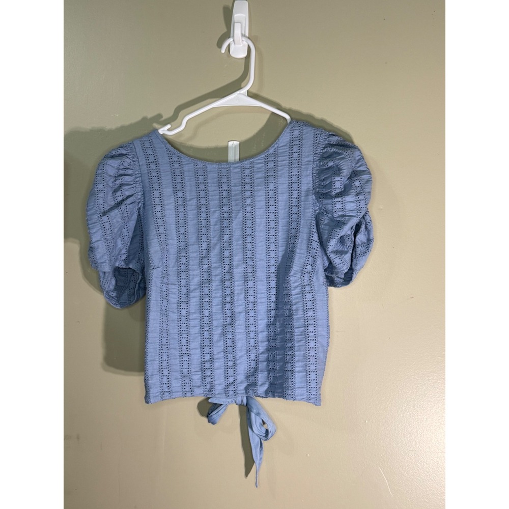 Free People Light Blue Eyelet Lace Open Tie Back Puff Sleeve Crop Top Small